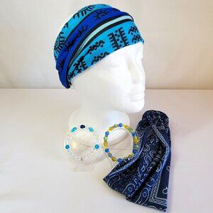 Multicolor Blues And Blue Bandana Boho Headbands W/Matching Bracelet Sets, Women